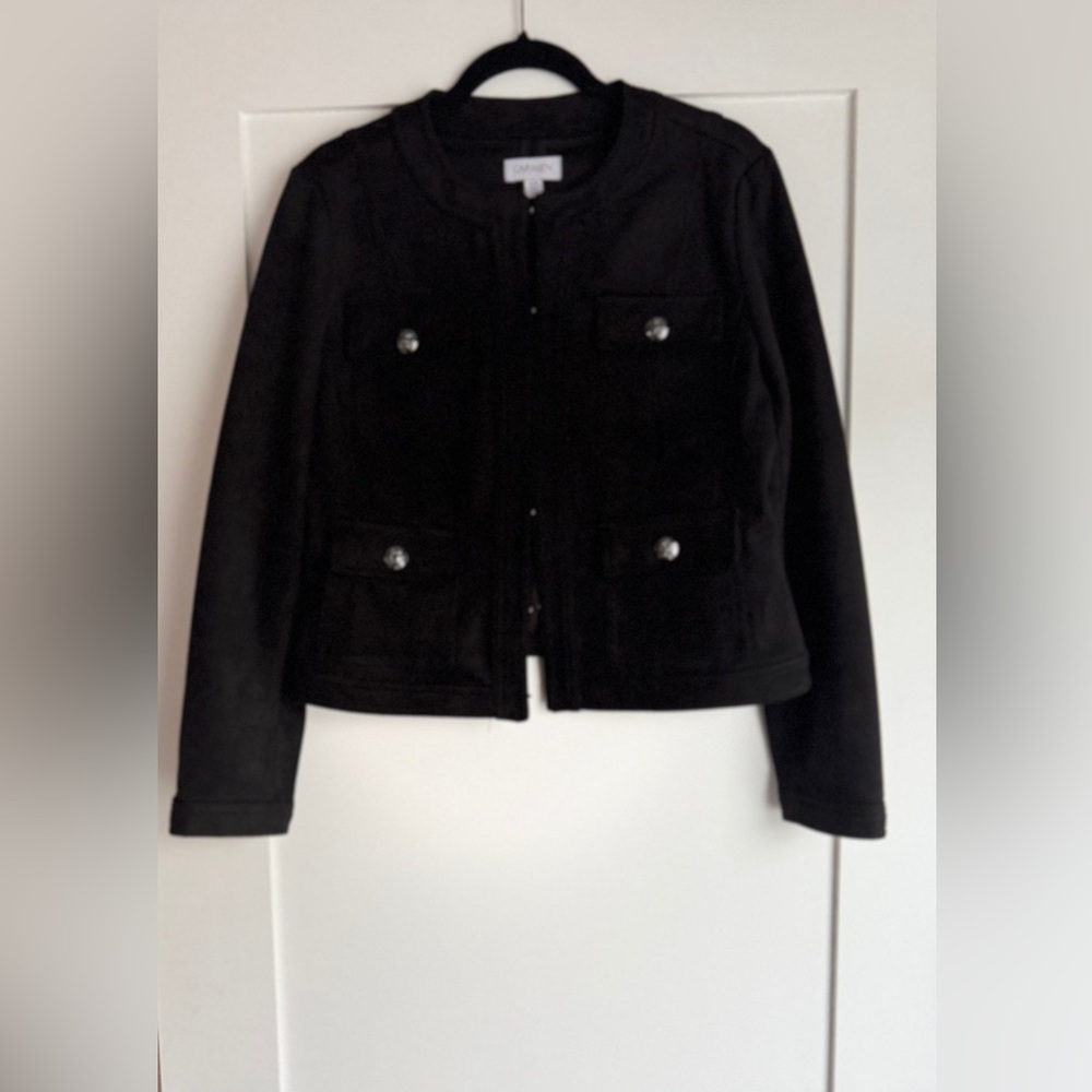 Carmen Marc Valvo Black Faux Suede Military Jacket Medium | Pockets - Picture 4 of 10